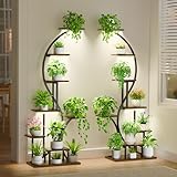 Pflanzenregal mit Wachstumslicht - 8 Ebenen Großes Blumenständer 165cm Metall Holz Pflanzenständer - Innen & Außen Blumentreppe - Dekoratives Schwarz Eck-Blumenregal für Indoor Garten Balkon 2 STÜCK
