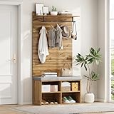 Ymkua Garderobenset Wandgarderobe, Flurgarderobe Set mit Schuhbank und Kissen, Garderoben Set mit Kleiderstange und Verstellbarem Regal, Kompaktgarderobe, Wandgarderobe, Oak Color, 84L x 37B x 175H cm