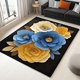 Generisch 120 x 180 cm Teppich Wohnzimmer Waschbarer, Retro Große Blumenmuster Kurzflor-Teppich – Weich Rutschfestes Design für Schlafzimmer Esszimmer Küchen, Schwarz