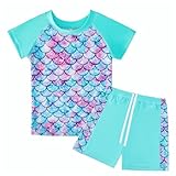Badeanzug Mädchen 2-Teilige Uv Badebekleidung Kinder Kurze Ärmel Stoffdruck Schwimmanzug Uv Shirt Mädchen 8-9 Jahre