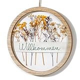 JUJOYBD Runder Türkranz mit Trockenblumen, Willkommen Schild, 26 cm, Dekorativer Kranz mit Holzrahmen, Boho Wanddeko zum Aufhängen für Haustür Wohnzimmer Fenster