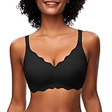 Jiuday Damen BH ohne Bügel Spitzen Soft BH Große Brüste Starker Halt Push Up Bügelloser BH Gepolstert Seamless Bequemer Nahtloser Bra V-Ausschnitt Minimizer Bralette (Schwarz,L)