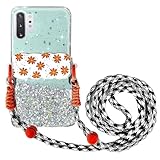 Rnrieyta Miagon Handykette Hüll für Samsung Galaxy Note 10 Plus Glitzer Durchsichtig Case mit Universal Blume Telefon Clip Kordel zum Umhängen Handyanhänger Halsband Lanyard