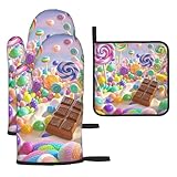 Ofenhandschuhe und Topflappen, 3er-Set, hitzebeständig, rutschfest, Küchenhandschuhe, Hot Pads, Candy Land, Ofenhandschuhe, Küchenhandschuhe, rutschfeste Topflappen zum Kochen, Backen, Grillen, BBQ