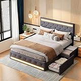 Dormely Polsterbett 140x200 mit Stauraum, LED Bett mit USB-Ladefunktion, Jugendbett Bettgestell mit Lattenrost, Verstellbares Kopfteil, 4 Schubladen,Rückenlehne, Dunkelgrau Linen, ohne Matratze