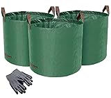 Norjews 3X 120L Gartensack Laubsack Gartenabfallsack, stabil - Gartensäcke für Gartenabfälle, Grünschnittsäcke faltbar, wasserdicht, robust aus Polypropylen-Gewebe 150gsm (inkl. Gartenhandschuhe)