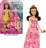 Mattel Disney Princess Toys, Belle Modepuppe mit 2 Looks, 9 Zubehörteilen, 2 aufsteckbaren Miedern & 2 Röcken, 2-in-1 Geschichten inspiriert vom Film