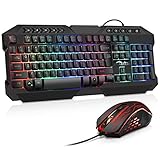 BAKTH Gaming Tastatur und Maus Set, LED Hintergrundbeleuchtung QWERTZ DE Layout, Regenbogen Farben Beleuchtete USB Wasserdicht Tastatur und Maus mit 3600 DPI für Pro PC Gamer