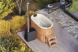 Holz Badefass Hot Tub 95×185 cm für 2 Personen aus Thermoholz, inkl. externem Aluminium-Ofen 35 kW, GFK-Einsatz, Thermoabdeckung, Schwimmbecken/Badebottich/Badezuber – Outdoor Sprudelbad winterfes