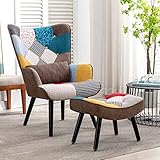 Relaxsessel mit Hocker Patchwork Sessel Ohrensessel Holz Sessel Wohnzimmer, moderner Fernsehsessel Loungesessel Stuhl Patchwork Leinen Massivholzfüße