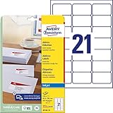 AVERY Zweckform J8160-10 Adressetiketten/ Adressaufkleber (210 Etiketten, 63,5x38,1mm auf A4, bedruckbar, selbstklebend, für DIN B6/C6 Briefkuverts, Papier matt, Inkjet-Drucker) 10 Blatt, weiß