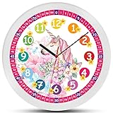 K&L Wall Art Lautlose rosa Kinder Wanduhr für Mädchen langlebige Einhorn Fee Geschenk Lernuhr 30cm groß Uhrzeit lesen Lernen Blumen Kinderuhr Lesehilfe (30cm Einhorn Prinzessin)