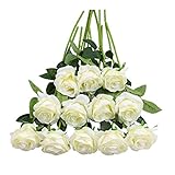 Tifuly 12 PCS Künstliche Rosen, 19,68 '' Single Long Stem Fake Rose Seide Braut Hochzeitsstrauß Realistische Blume für Hausgarten Party Hotel Büro Dekor (Blossom Roses, Weiß)