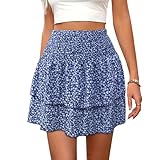 XFSRG Damen Sommer Boho Blumen Rüschen kurz Rock Elastische Hohe Taille Kordelzug Falten Minirock Sommerrock Strand Blumen Rock Geeignet für Sommer und Alltag(S)