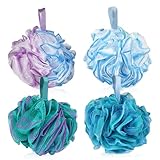 VELLUSTRA Bade Körper Poufs, 4 Stück, 75 g, Peeling Luffa Schwämme für Damen und Herren, Haargummi, Weiche Netz Bade Puffs, Sauber Beruhigen Haut, Badeschwamm, für Körperpflege, Deko