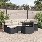 ZQQLVOO 7-teiliges Garten-Sofa-Set mit Kissen Schwarz Poly-Rattan, Modulares Outdoor-Möbelset mit wetterfesten Kissen und verstellbaren Füßen für Terrasse und Balkon, Elegantes