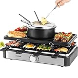 Petra PT4513VDE 2-in-1 Raclette-Grill und Fondue - groß Teppanyaki Grill, Schiebern/Holzspatel, 8 Personen, Rauchfreier Elektrischer Grillplatte, 1,3-l-Topf mit Tauchgabeln, 1400W, Temperaturregler