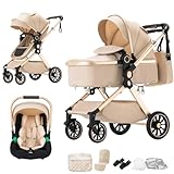 BEBBY Kinderwagen 3 in 1,Kinderwagen Buggy Mit Babyschale,Mit Höhenverstellbarer buggy Komplettset Faltbare tragbare,Buggys Mit Aluminiumrahmen für Neugeborene 0 bis 3 Jahre (U9-X-BEIGE, U9-X)