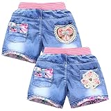 Amur Leopard Kinder Shorts Mädchen Denim Shorts 2er-Pack Sommer Jeans-Shorts Mädchen Casual Jeans Kurzen Hosen, Herz + Windmühle, 146 (Etikettgröße: 150)