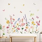 decalmile Wandtattoo Garten Blumen Wandaufkleber Bunt Blume Schmetterlinge Wandsticker Schlafzimmer Wohnzimmer Sofa Hintergrund Wanddeko