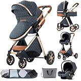 MoLi Kinderwagen 3 in 1, Kinderwagen mit Umkehrbarem Doppelschiebemodus, Buggy mit Großer Bequemer Babywanne, Kombikinderwagen 3 in 1 Rahmen Aluminiumlegierung Faltbar Hohe Landschaft (225 Blue)