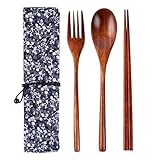 SwirlColor Holzbesteck Set, 3PCS Wiederverwendbare Japanische Art Hölzerne Essstäbchen Gabel und Löffel Tragbares Geschirr-Kit mit Fall für Camping Pinic Reise Arbeit