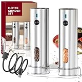 3T6B Elektrisch Salz und Pfeffermühle Set, Gewürzmühlen Edelstahl mit 110ml Behälter und Weißem LED-Licht, USB Wiederaufladbarer, Einstellbare Grobheit Keramikmahlwerk