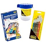 Idena 90480 - Deckfarbkasten mit 24 Farben und 1 Tube Deckweiß, inkl. 10 Malpinsel und einem Pinselbecher mit Deckel, Wasserfarbkasten mit Pinseln für die Schule