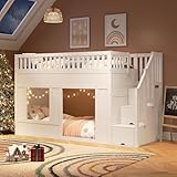 TOBIDOEN Kinder Etagenbett 90x200 cm, Kinderbett mit Treppenschrank, Unterer Bereich als Spiel- oder Schlafbereich Nutzbar, Hochbett mit Rausfallschutz, Ohne Matratze, Massivholz + MDF, Weiß