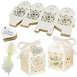 Hochzeit Geschenkbox Süßigkeiten Kasten Gastgeschenke Schachtel 50 Stück off-white Geschenkboxen Bonbon-Box mit Farbband für Tischdeko Hochzeit Hochzeitstag (5x5x8cm)