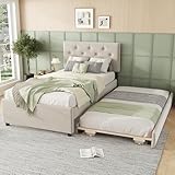 Aoskem Polsterbett Einzelbett Bett 90x200 cm mit Rollbett 90x190 cm, Bettgestell mit Lattenrost, Kinderbett Jugendbett Flachbett Rückenlehne Bett Gästebett, Ohne Matratze, Samt (Beige)