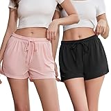 LYCY Pyjamahose Damen kurz Schlafhose kurze Schlafanzughose leicht Sommer Freizeithose Pyjama Hose (2er- und 3er-Pack) (Schwarz+Schmutzigrosa, L)