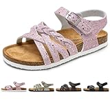 Torotto Sandalen Mädchen Mit Kork Sandals Kinder Pantoffeln Riemen Verstellbare Schnalle Rutschfeste Mit Klettverschluss Sandaletten für Drinnen und Draußen(Rosa Glitter, 31EU)