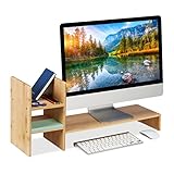 Relaxdays Monitorständer Bambus, Bildschirmerhöhung für Schreibtisch, HBT: 30 x 67 x 20 cm, ergonomisch, 4 Fächer, natur