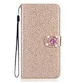 BLOTECH Girls Glitter Case für Huawei P10 Handyhülle,Hülle Sparkle PU Leder Brieftasche Glitzer Schutzhülle Bling 3D Liebe Schnalle Etui HandyCase für Huawei P10,Gold