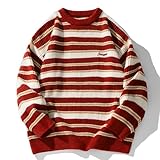 MAIDETA Lässiger Gestreifter Rundhals-Strickpullover für Herren, Gestreift, Paar, Warme Pullover,Red,M