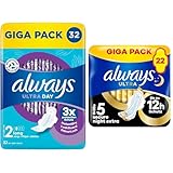 Kombipaket Tag & Nacht Binden: Always Ultra Binden Damen Gr. 2, Long mit Flügeln (32 Stück) + Always Ultra Binden Damen Gr. 5, Secure Night Extra mit Flügeln (22 Stück)