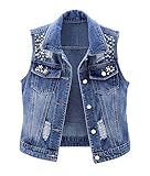 CYSTYLE Damen Jeansweste BF Perlen Jacke Ärmellos Einfache Beiläufige Jeansweste Denim Weste mit Loch Design (Blau, M)