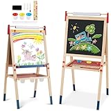 HOMASIS 3 in 1 Kindertafel doppelseitig, Holz Staffelei mit Kreidetafel, magnetischen Whiteboard mit Papierrolle & Ablage, Kinderstaffelei mit Alphabet, Kreide & Marke, Standtafel höhenverstellbar