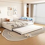 Gxffipw LED Tagesbett Doppelbett 140x200 cm mit Ausziehbett 90x190 cm und USB-Typ-C, Schlafsofa Bett mit Streifendesign, Schlafcouch Bettgestell mit Lattenrost, Leinen, Beige, Ohne Matratze