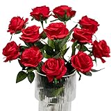 Kisflower 12Pcs Rosen Künstliche Blumen Realistische Einzelstiel Blumen Seiden RosenStrauß für Hochzeiten Party Büro Home Decor (Rot)