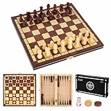 OOCOME 3 In 1 Holz Schachspiel, 24 * 24cm Schachbrett Dame Backgammon Hochwertig Spielbrett, Tragbares Klappbar Reisen Brettspiel, Kinder, Erwachsene und Anfänger