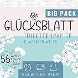 Glücksblatt Toilettenpapier KLASSISCH WEISS, 3-lagig, 56 Rollen x 150 Blatt, 100% Zellstoff, superweiches Klopapier, WC Papier, ideal für Camping, Verpackung aus mindestens 30% PCR-Anteil (56 Rollen)