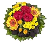 Dominik Blumen und Pflanzen, Blumenstrauß 'Blütenmeer' mit roten Rosen, Färberdistel, Chrysanthemen und Gerbera