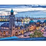 Fototapete - Tapete Stadt 250x193 cm - Foto Tapete Schlafzimmer Wohnzimmer Moderne Vliestapete XXL Wandtapete Motivtapeten Bildtapete 3d Effekt Wand Dekoration - Hamburg Hafen Fluss Uhr 100404-154