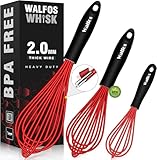 Walfos 3 Stück Schneebesen rot Silikon, Edelstahl Rührbesen Silikondrähte Ballonschneebesen, Küchen Schneebesen für Mischen, Schlagen, Aufschäumen und Rühren
