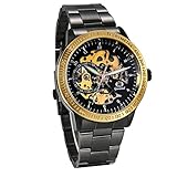 JewelryWe Herren Automatik Armbanduhr Schwarz Edelstahl Armband Skelett Uhr Automatikuhr Vatertagsgeschenk