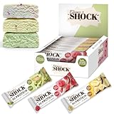 FitnesSHOCK High Proteinriege Mixbox mit hohem 20g Proteingehalt Eiweißriegel ohne Zuckerzusatz kalorienarm low carb ballaststoffreich Sorten: Pistazien, Banane und Himbeere Geschmack 12Stk 60g