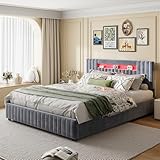 Polsterbett Doppelbett 160x200 cm mit LED-Kopfteil, Stauraumbett Funktionsbett mit Stauraum und Lattenrost, Kopfteil mit Staufächern, Jugendbett Samt, Grau (160x200cm)