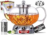 PYKAL Glas Teekanne mit Siebeinsatz und Stövchen Set - 1 Liter - Leuchtende Diamant Teekanne auch für Losen Tee - Teebereiter mit Sieb & Teelichtofen - Glasteekanne - Tea Pot